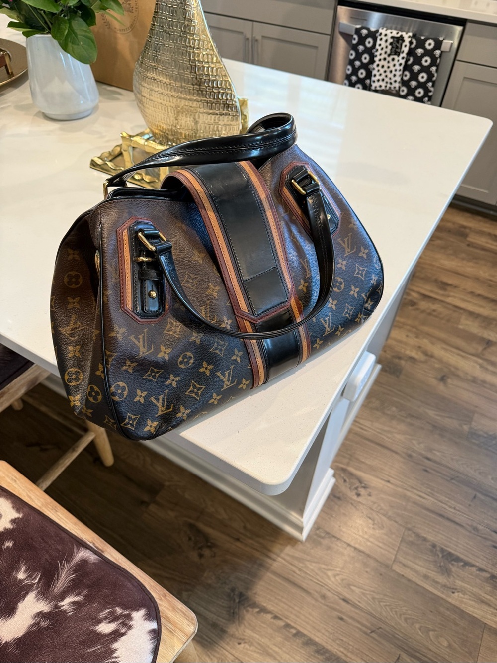 Louis Vuitton Monogram Canvas Duffel with Black Center Strap & Tan Trim - Picture 6 of 11